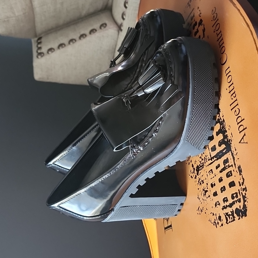 Atelje71 Anja Specchio Black Leather Kiltie Loafer Lug Heel